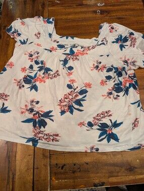 Lucky Brand White Floral Short Sleeve Blouse with Blue & Coral Prints, XL